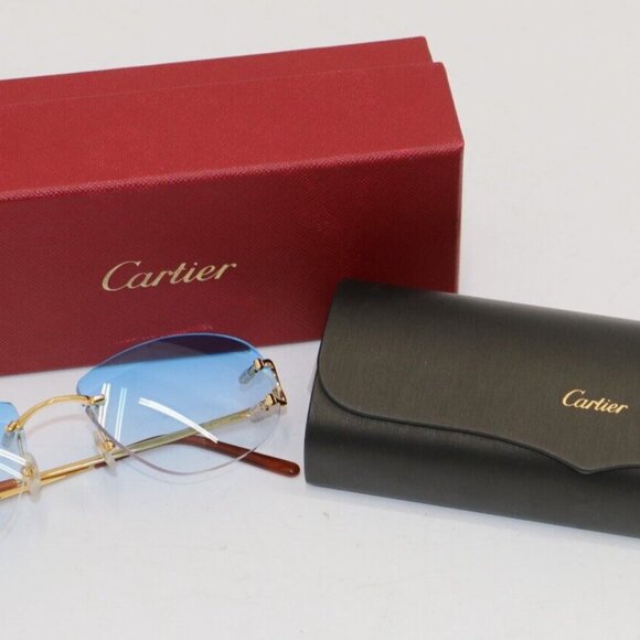 Cartier Big C decor gold sunglasses with blue gradient tinted lens - Picture 1 of 11